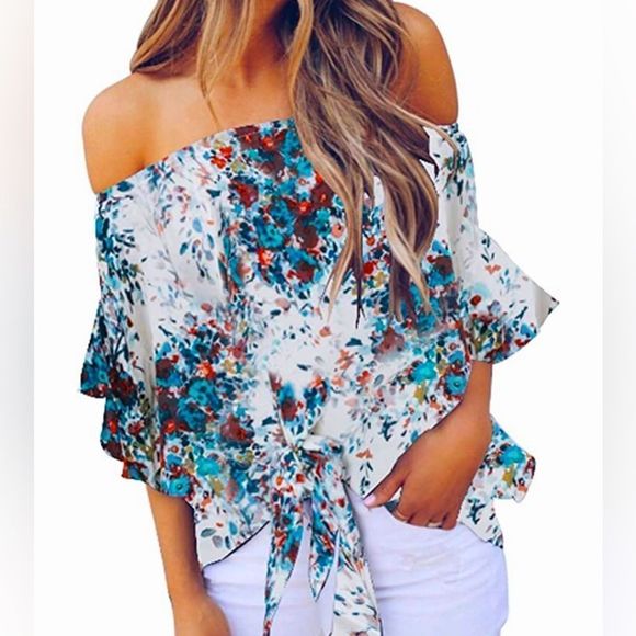 NWOT Asvivid Off the Shoulder Floral Blouse Size Small Turquoise White Red - Picture 1 of 4